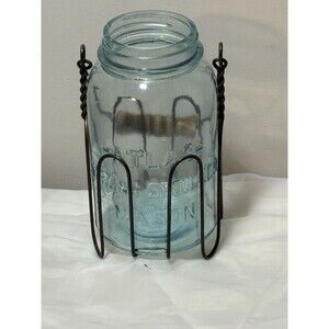 Vintage  Quart ATLAS STRONG SHOULDER MASON & Wire Caddy canning jar W/ BUBBLES
